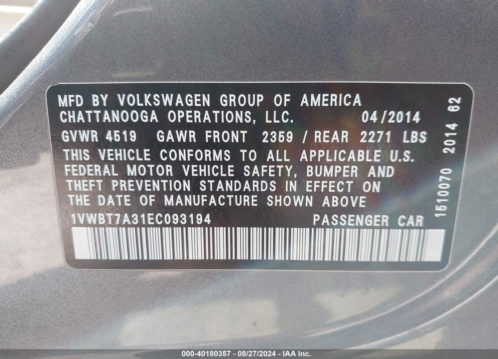 2014 VOLKSWAGEN PASSAT 1.8T SE VIN: 1VWBT7A31EC093194