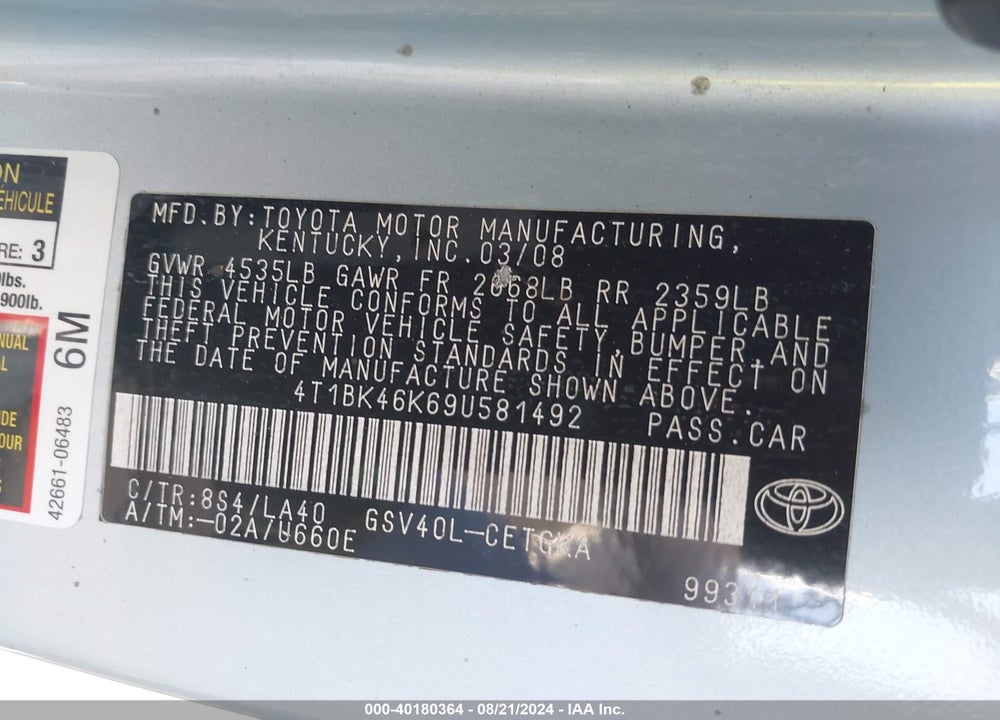 2009 TOYOTA CAMRY XLE V6 VIN: 4T1BK46K69U581492