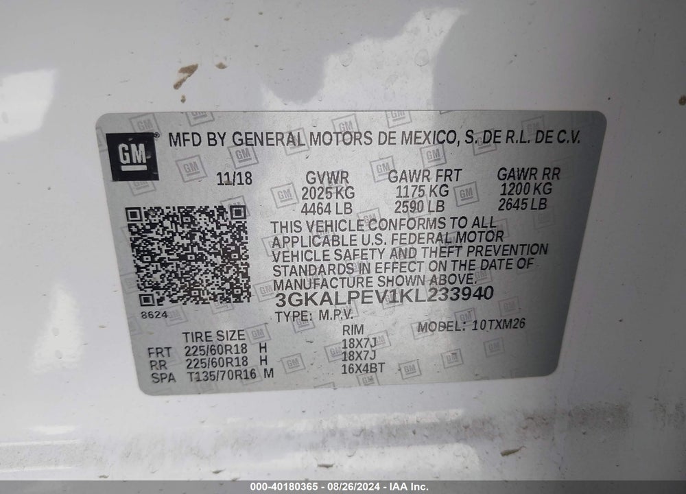 2019 GMC TERRAIN SLT VIN: 3GKALPEV1KL233940