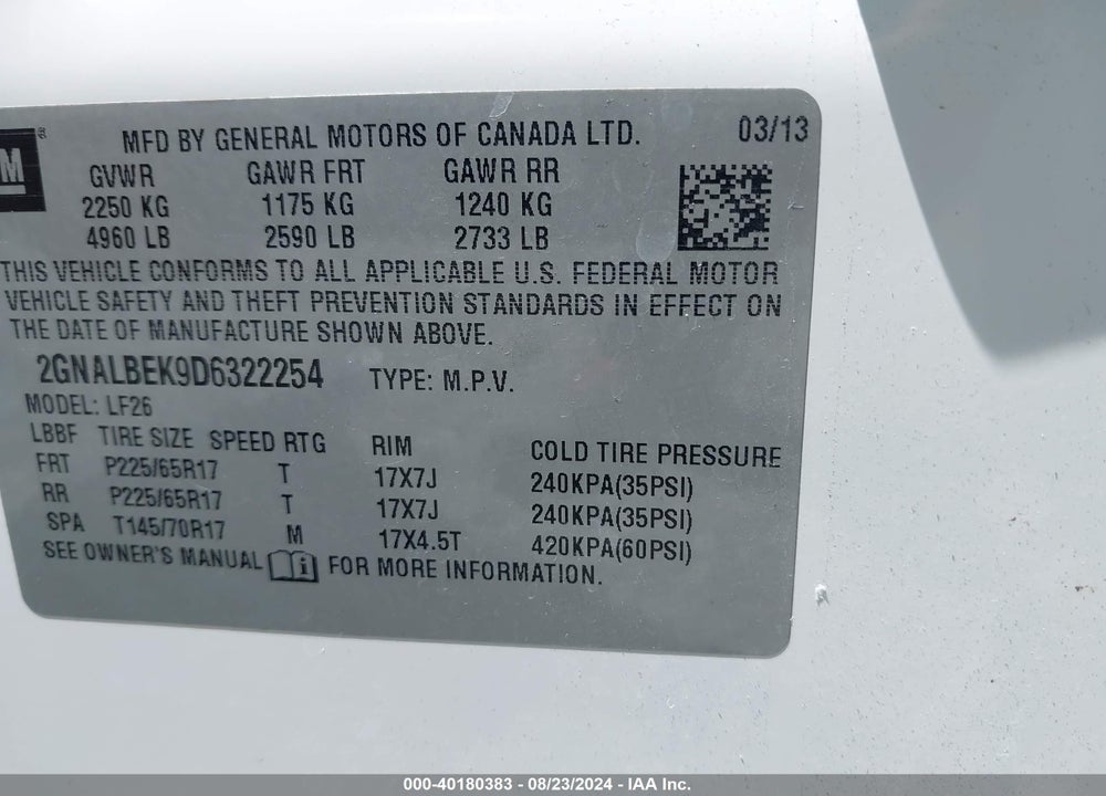 2013 CHEVROLET EQUINOX LS VIN: 2GNALBEK9D6322254
