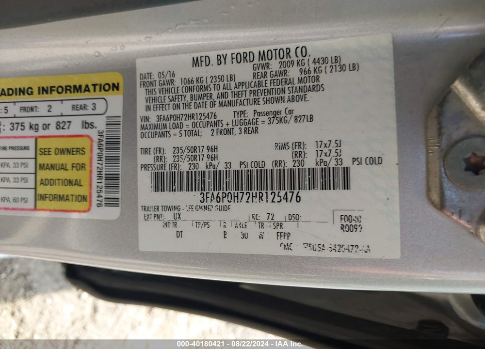 2017 FORD FUSION SE VIN: 3FA6P0H72HR125476