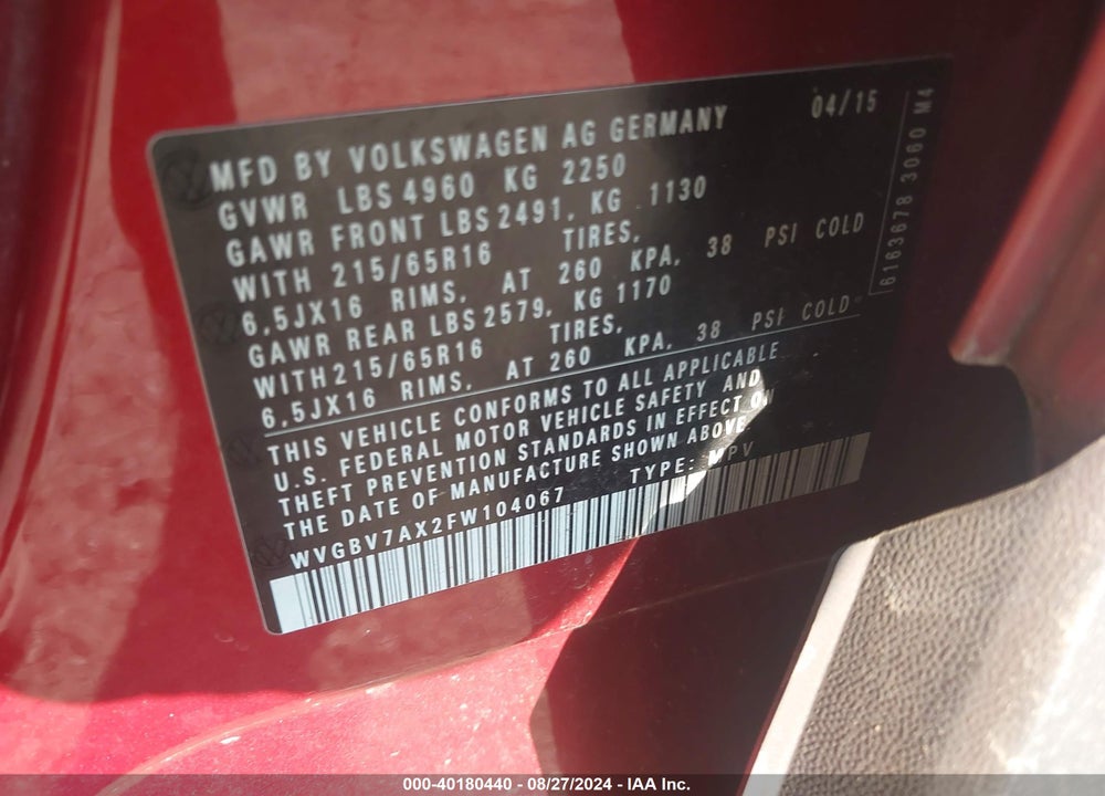 2015 VOLKSWAGEN TIGUAN S VIN: WVGBV7AX2FW104067