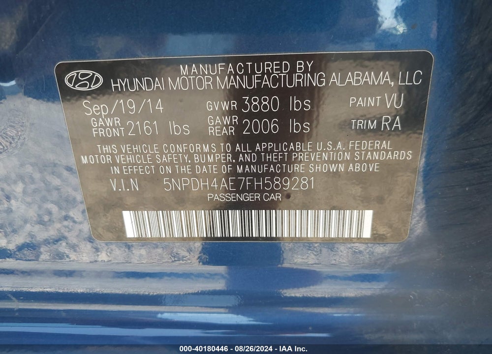 2015 HYUNDAI ELANTRA SE VIN: 5NPDH4AE7FH589281