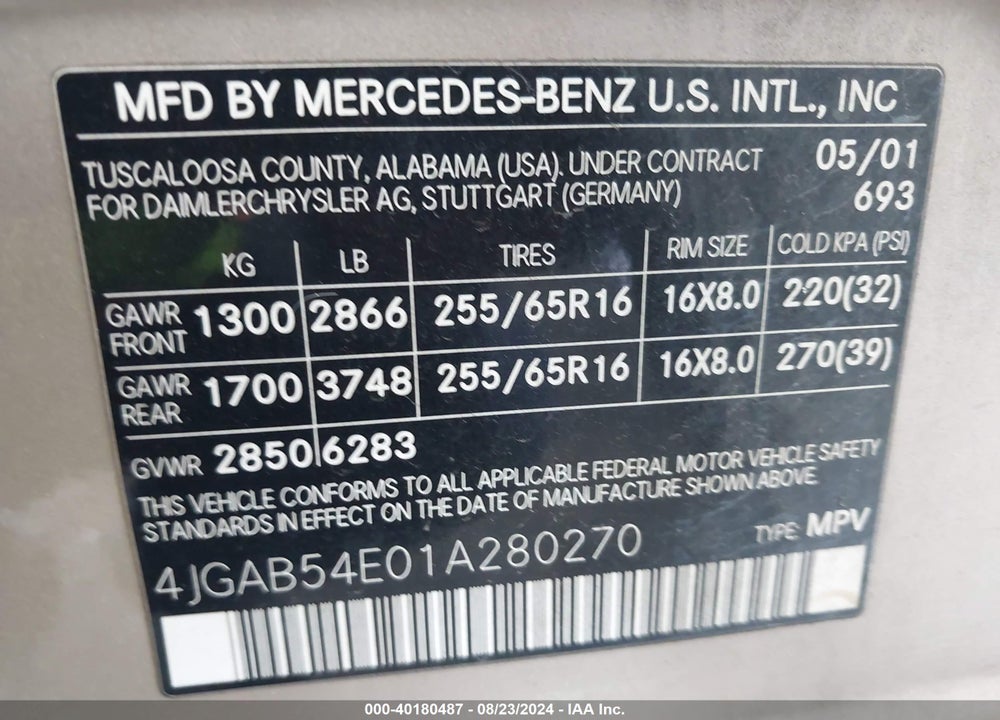 2001 MERCEDES-BENZ ML 320 VIN: 4JGAB54E01A280270