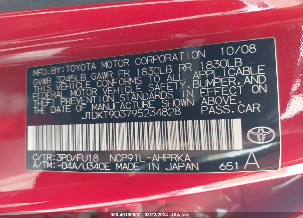 2009 TOYOTA YARIS VIN: JTDKT903795234828