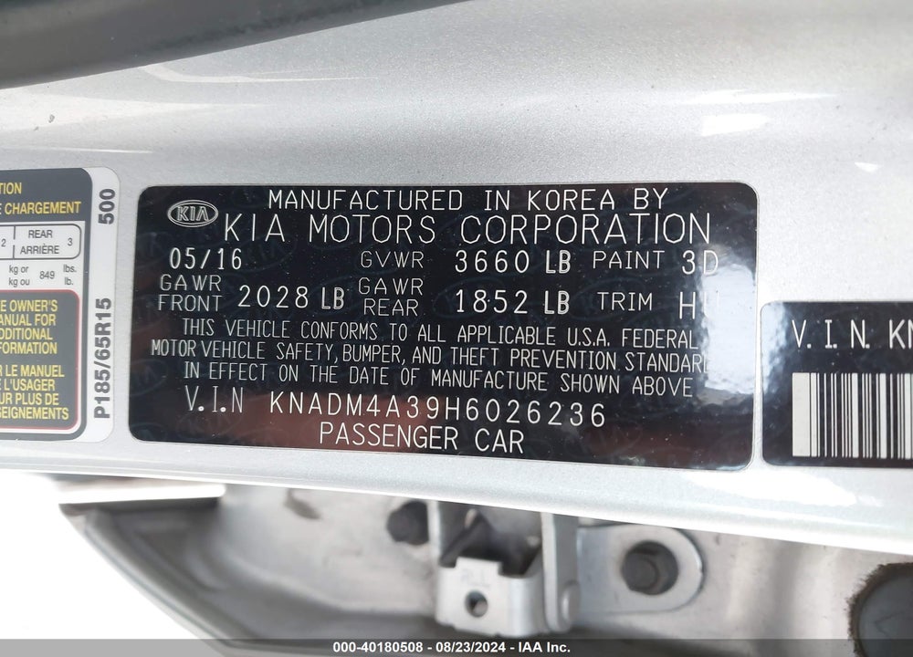 2017 KIA RIO LX VIN: KNADM4A39H6026236