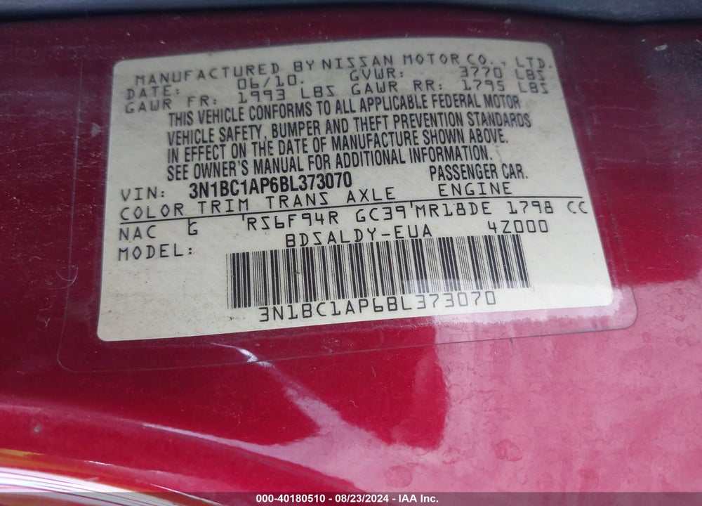 2011 NISSAN VERSA 1.8S VIN: 3N1BC1AP6BL373070