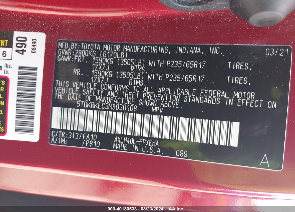 2021 TOYOTA SIENNA LE VIN: 5TDKRKEC3MS030108