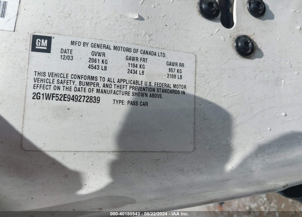 2004 CHEVROLET IMPALA VIN: 2G1WF52E949272839