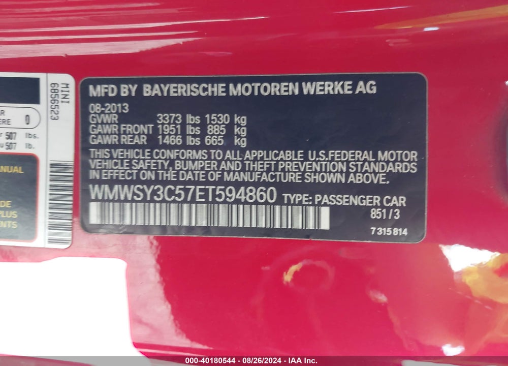 2014 MINI ROADSTER COOPER S VIN: WMWSY3C57ET594860