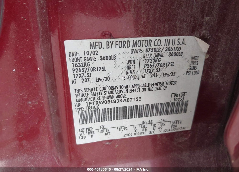 2003 FORD F-150 LARIAT/XLT VIN: 1FTRW08L83KA82122