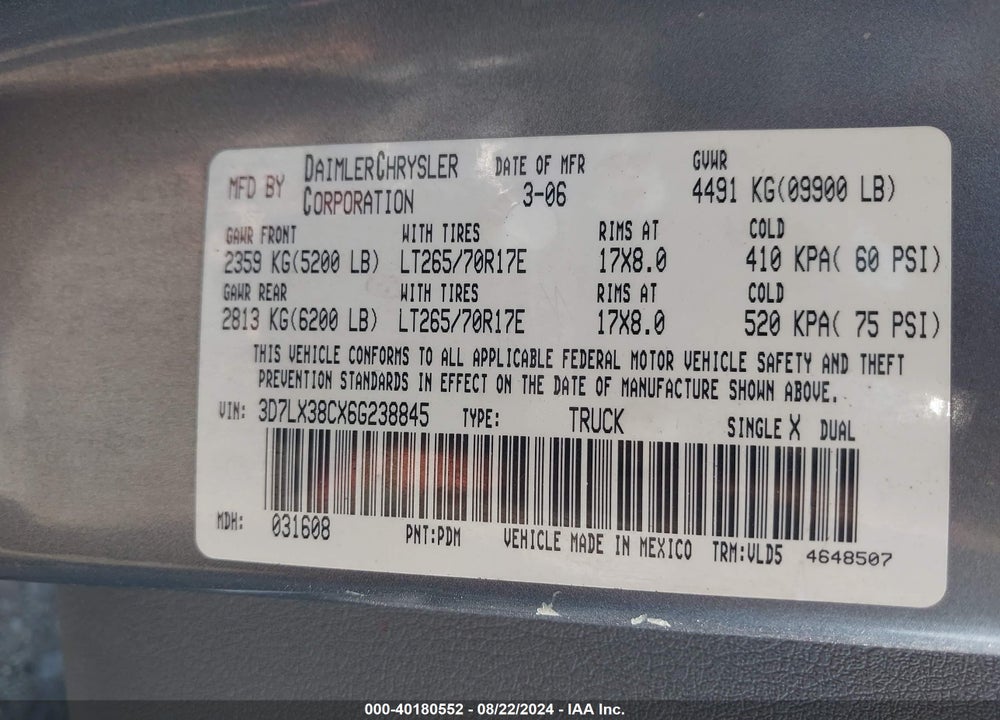 2006 DODGE RAM 3500 LARAMIE VIN: 3D7LX38CX6G238845