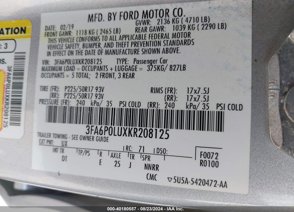 2019 FORD FUSION HYBRID SE VIN: 3FA6P0LUXKR208125