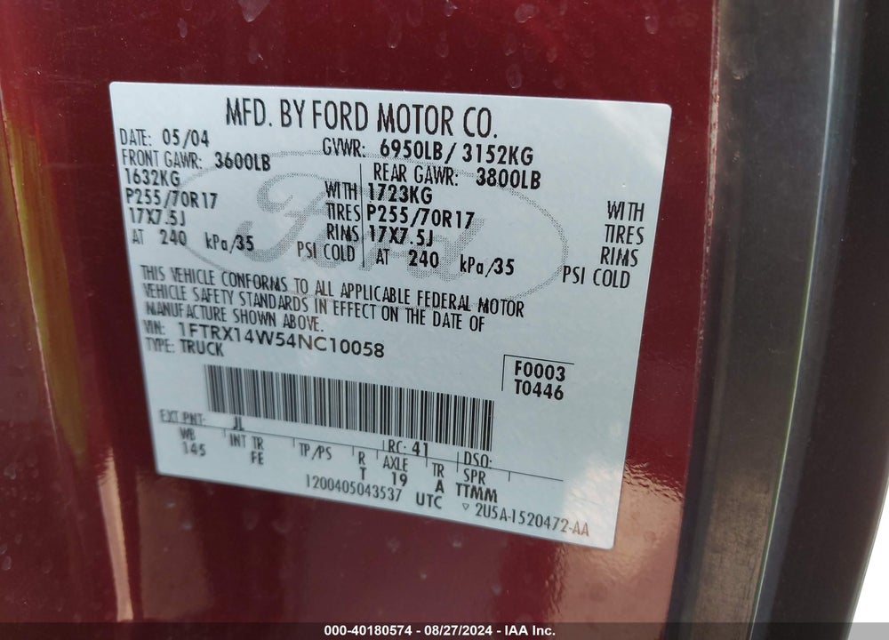 2004 FORD F-150 STX/XL/XLT VIN: 1FTRX14W54NC10058