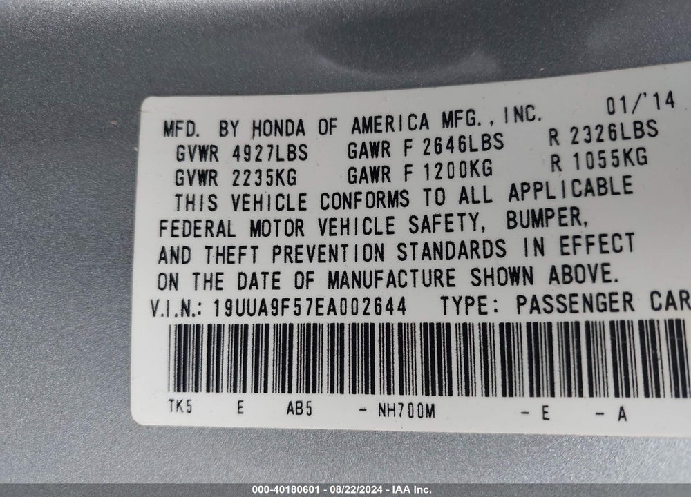 2014 ACURA TL VIN: 19UUA9F57EA002644