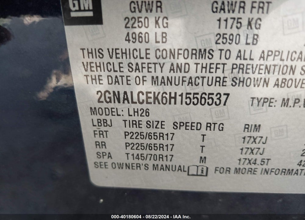 2017 CHEVROLET EQUINOX LT VIN: 2GNALCEK6H1556537