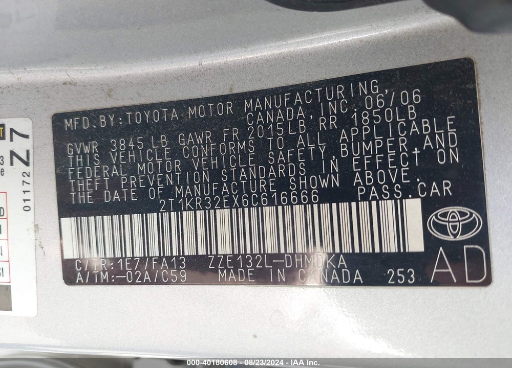 2006 TOYOTA MATRIX VIN: 2T1KR32EX6C616666