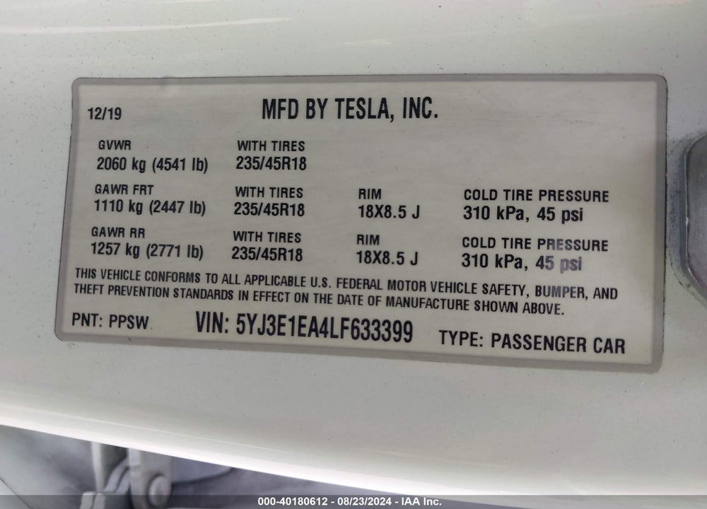 2020 TESLA MODEL 3 VIN: 5YJ3E1EA4LF633399