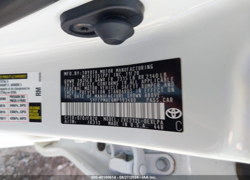 2021 TOYOTA COROLLA LE VIN: 5YFEPMAE6MP193480