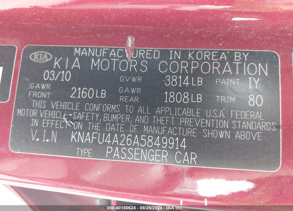 2010 KIA FORTE EX VIN: KNAFU4A26A5849914