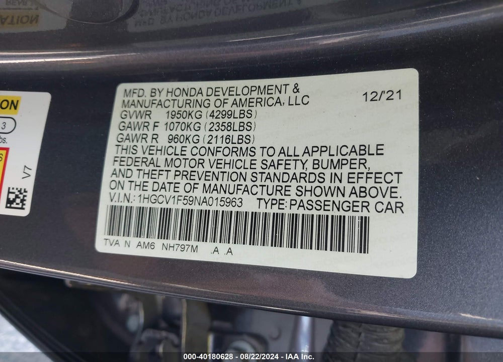2022 HONDA ACCORD EX-L VIN: 1HGCV1F59NA015963