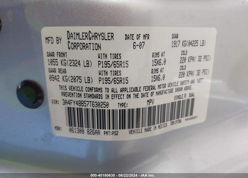 2007 CHRYSLER PT CRUISER VIN: 3A4FY48B57T630250
