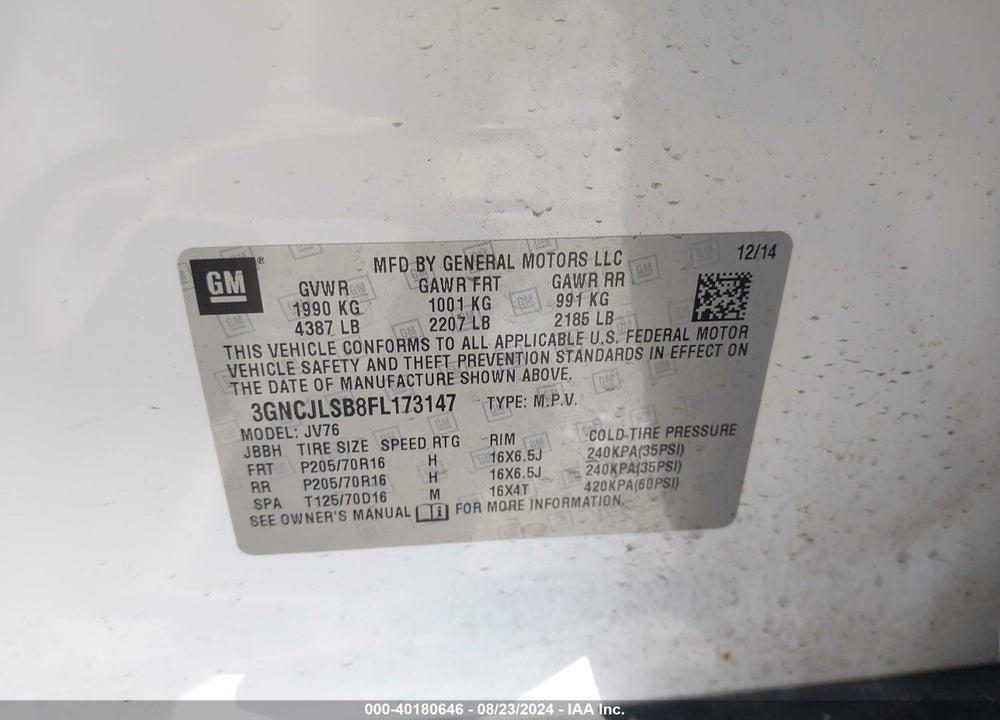 2015 CHEVROLET TRAX LT VIN: 3GNCJLSB8FL173147