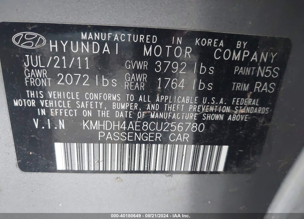 2012 HYUNDAI ELANTRA LIMITED (ULSAN PLANT) VIN: KMHDH4AE8CU256780