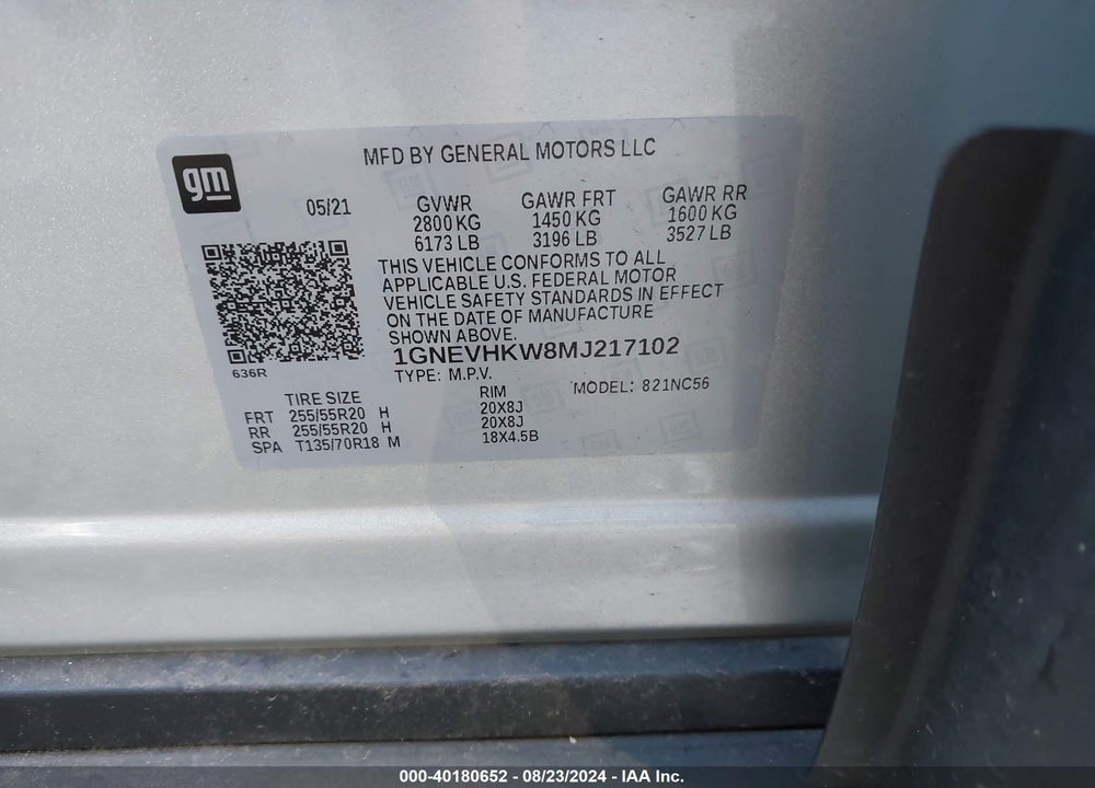 2021 CHEVROLET TRAVERSE AWD LT LEATHER VIN: 1GNEVHKW8MJ217102