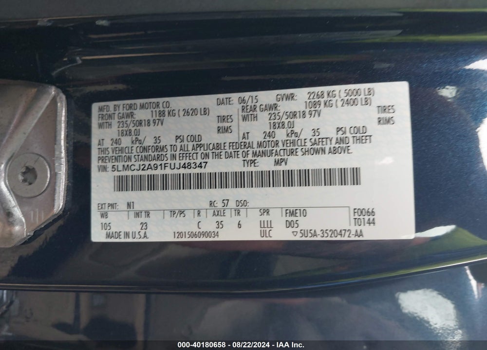 2015 LINCOLN MKC VIN: 5LMCJ2A91FUJ48347
