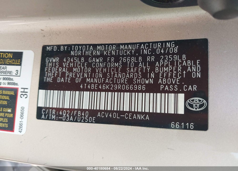 2009 TOYOTA CAMRY LE VIN: 4T4BE46K29R066986