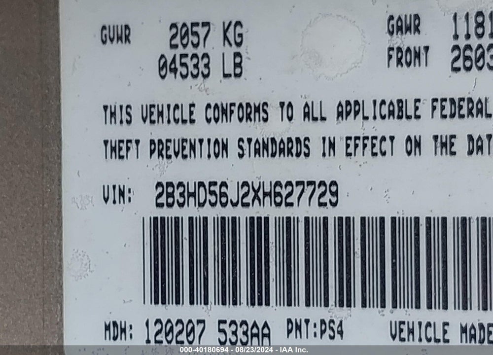 1999 DODGE INTREPID ES VIN: 2B3HD56J2XH627729