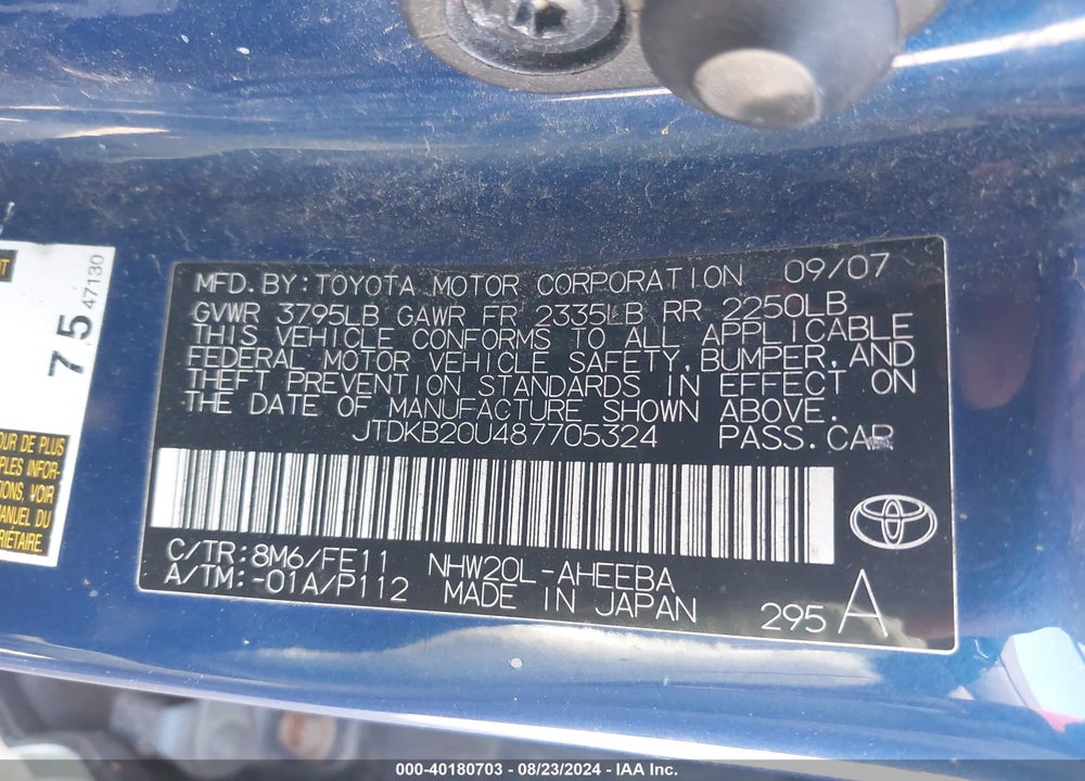 2008 TOYOTA PRIUS VIN: JTDKB20U487705324