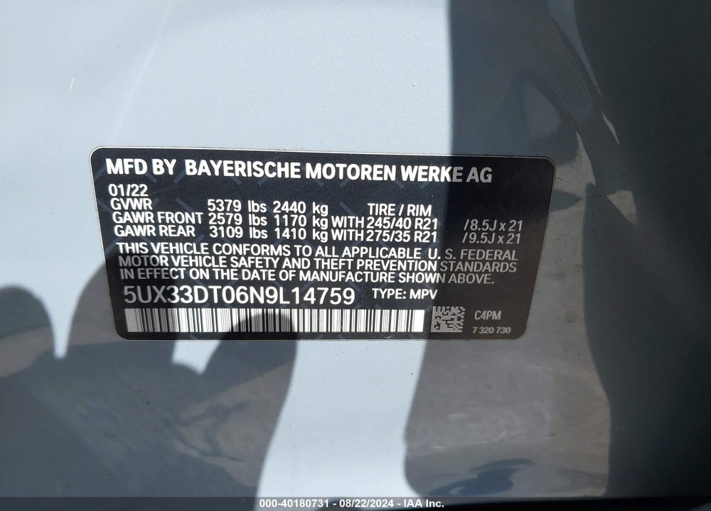 2022 BMW X4 XDRIVE30I VIN: 5UX33DT06N9L14759