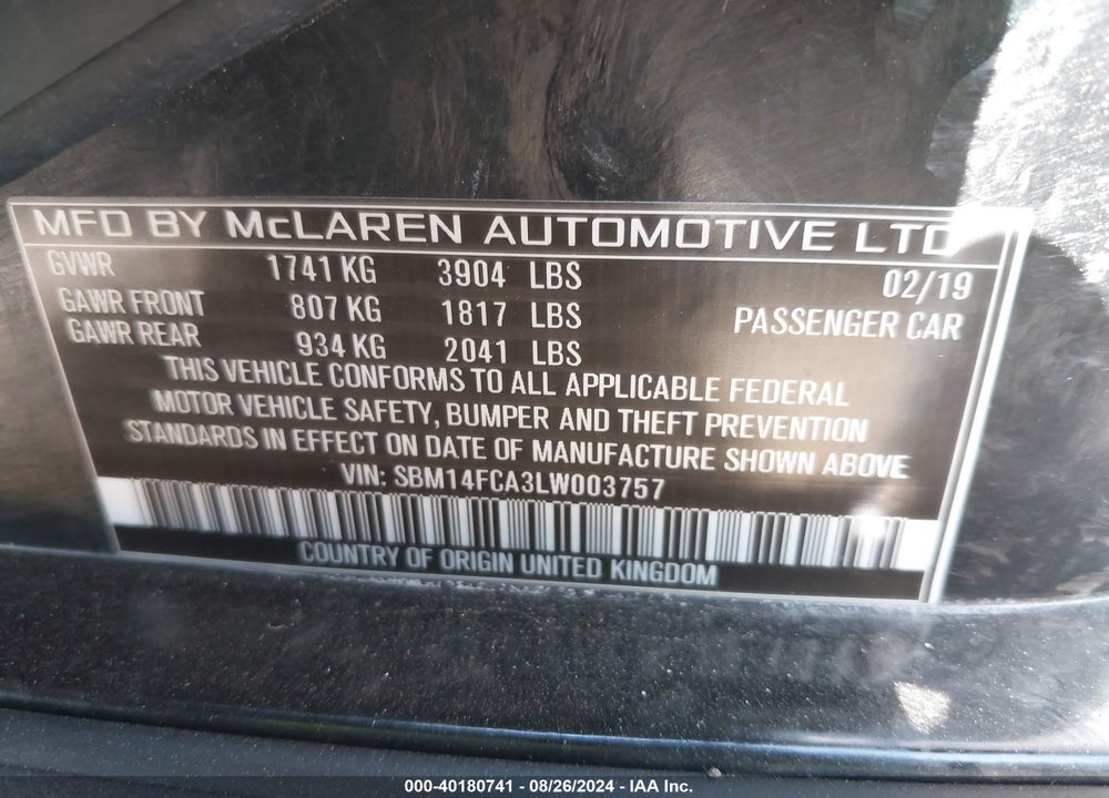 2020 MCLAREN 720S LUXURY/PERFORMANCE VIN: SBM14FCA3LW003757