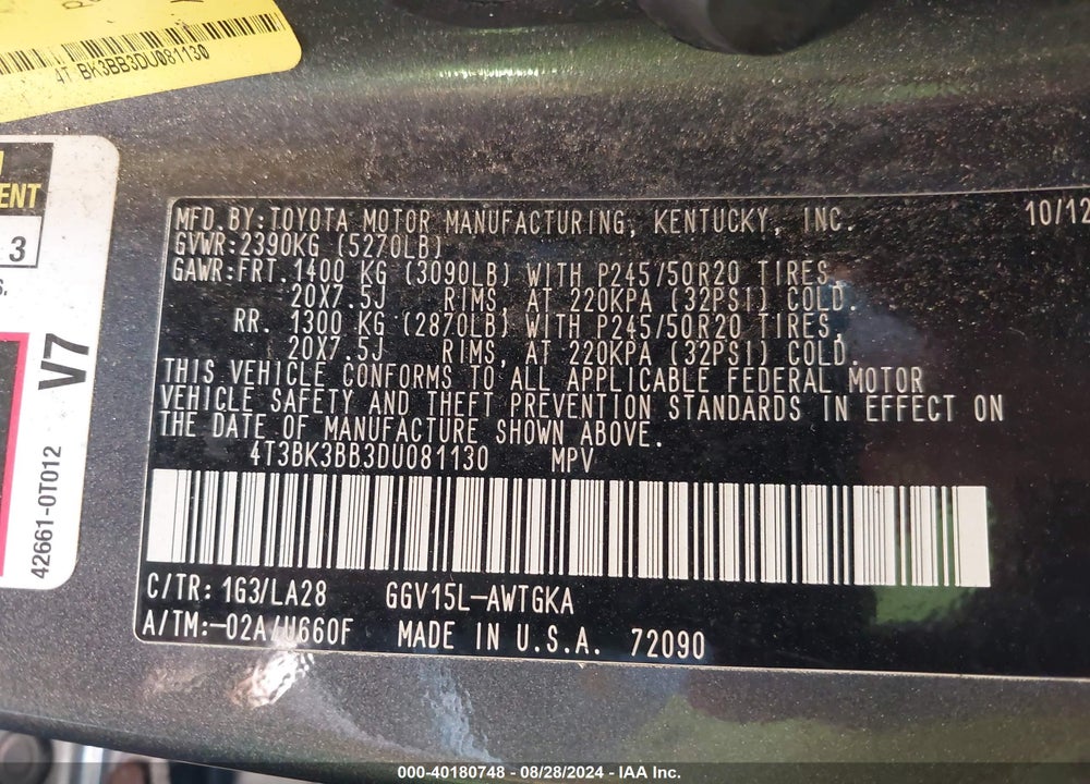 2013 TOYOTA VENZA XLE V6 VIN: 4T3BK3BB3DU081130