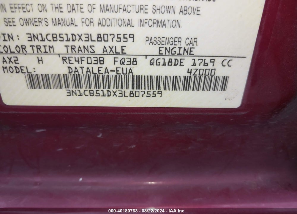 2003 NISSAN SENTRA GXE VIN: 3N1CB51DX3L807559