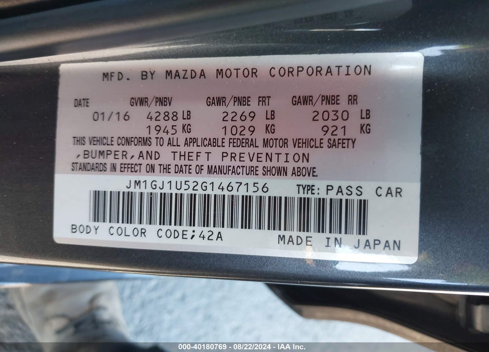 2016 MAZDA 6 I SPORT VIN: JM1GJ1U52G1467156