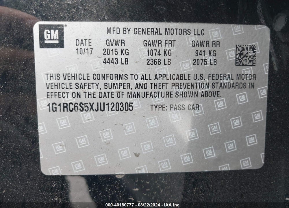 2018 CHEVROLET VOLT VIN: 1G1RC6S5XJU120305