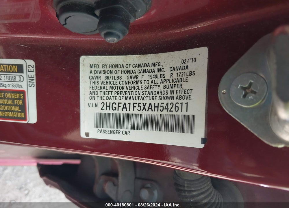 2010 HONDA CIVIC VIN: 2HGFA1F5XAH542611