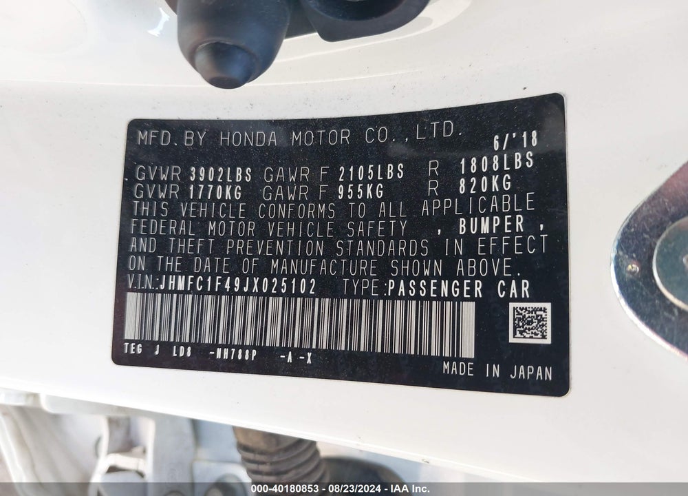 2018 HONDA CIVIC EX-T VIN: JHMFC1F49JX025102