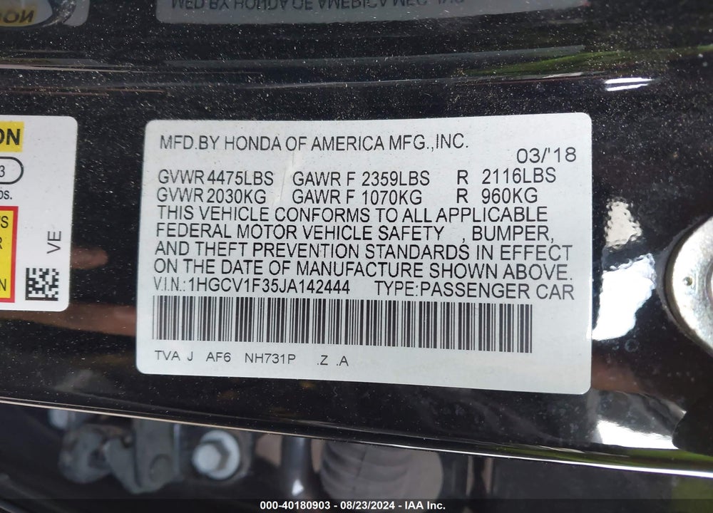 2018 HONDA ACCORD SPORT VIN: 1HGCV1F35JA142444