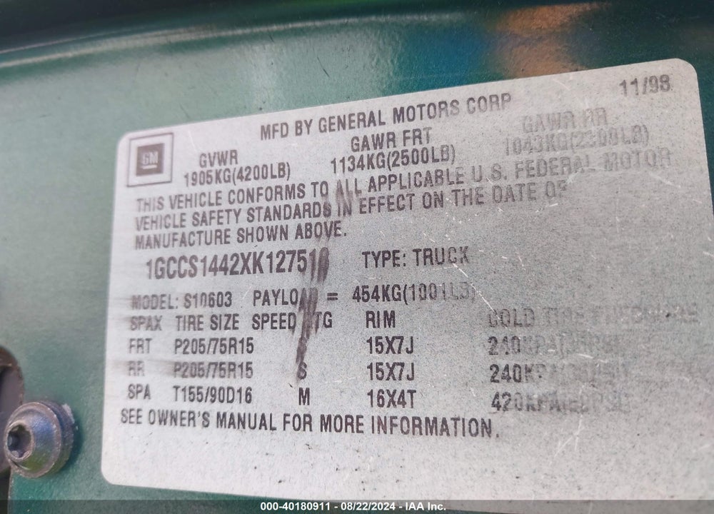 1999 CHEVROLET S-10 LS VIN: 1GCCS1442XK127518