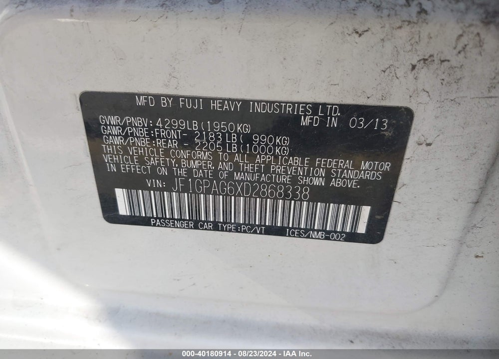 2013 SUBARU IMPREZA 2.0I LIMITED VIN: JF1GPAG6XD2868338