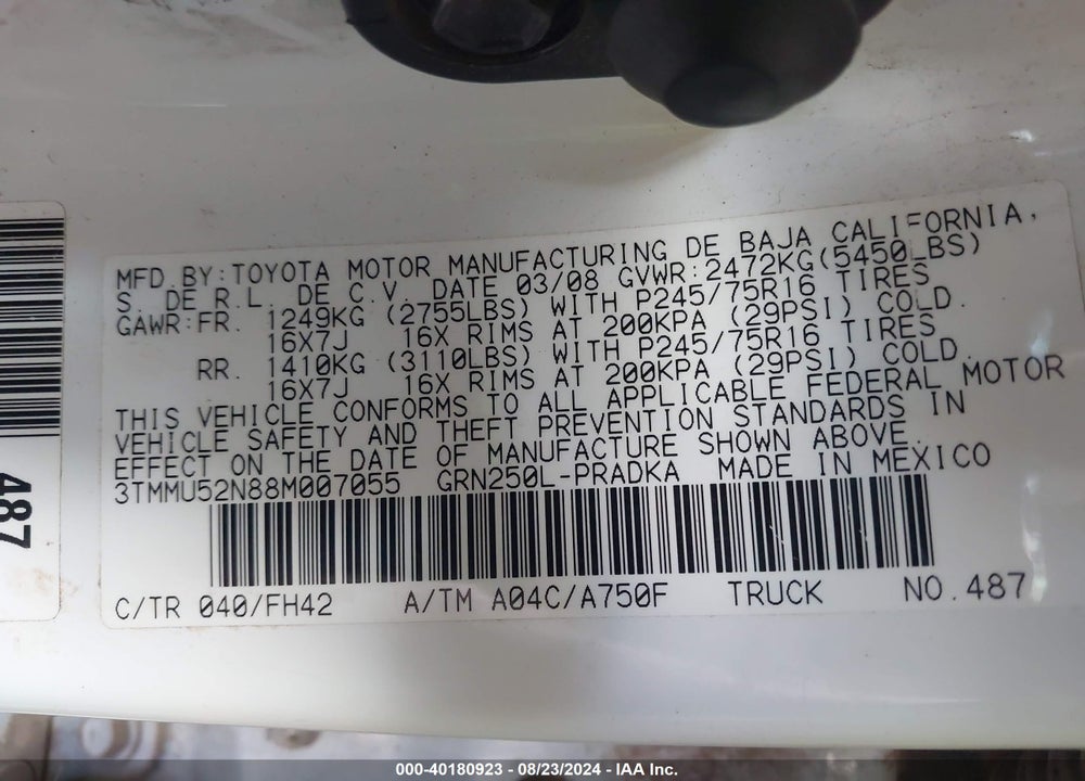 2008 TOYOTA TACOMA BASE V6 VIN: 3TMMU52N88M007055