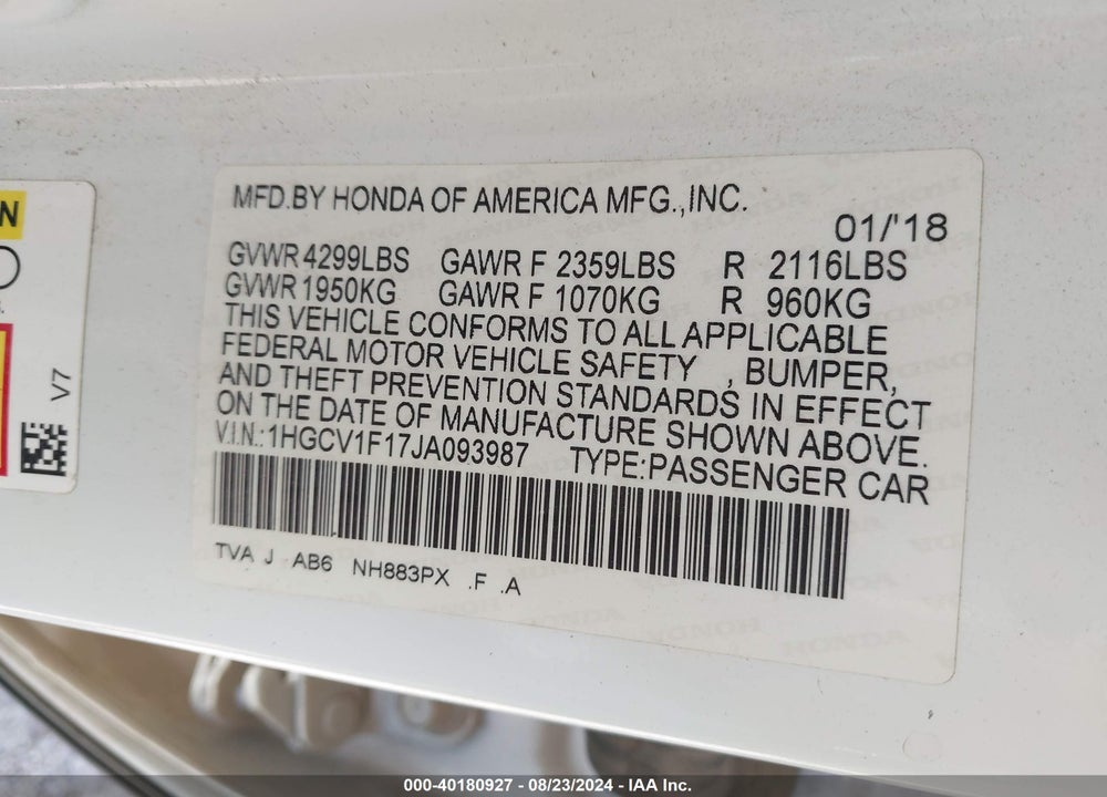 2018 HONDA ACCORD LX VIN: 1HGCV1F17JA093987