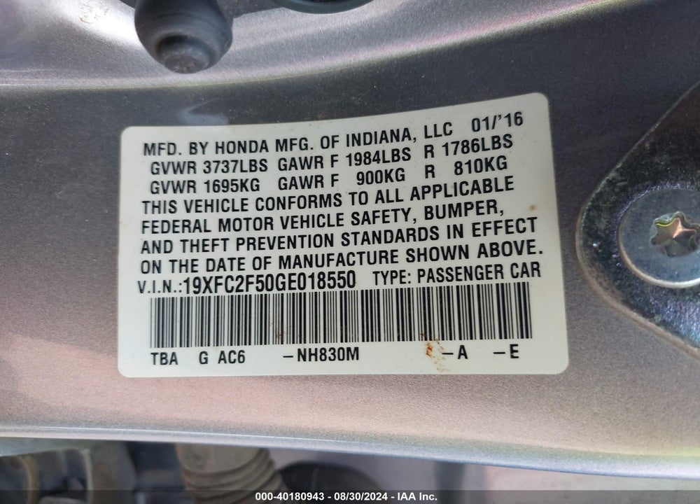 2016 HONDA CIVIC LX VIN: 19XFC2F50GE018550