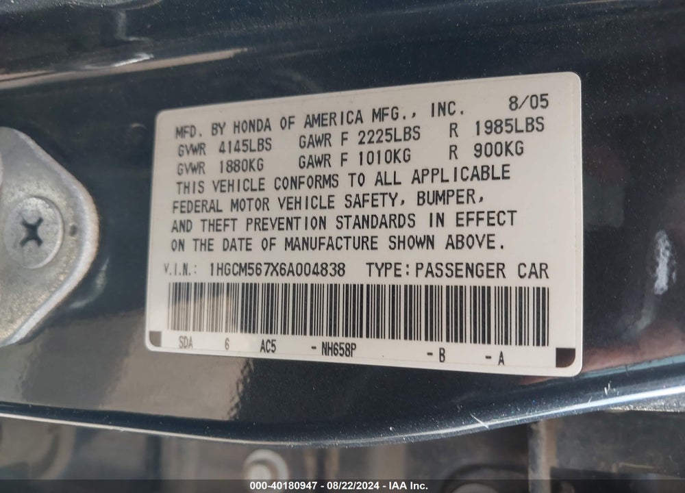 2006 HONDA ACCORD 2.4 EX VIN: 1HGCM567X6A004838