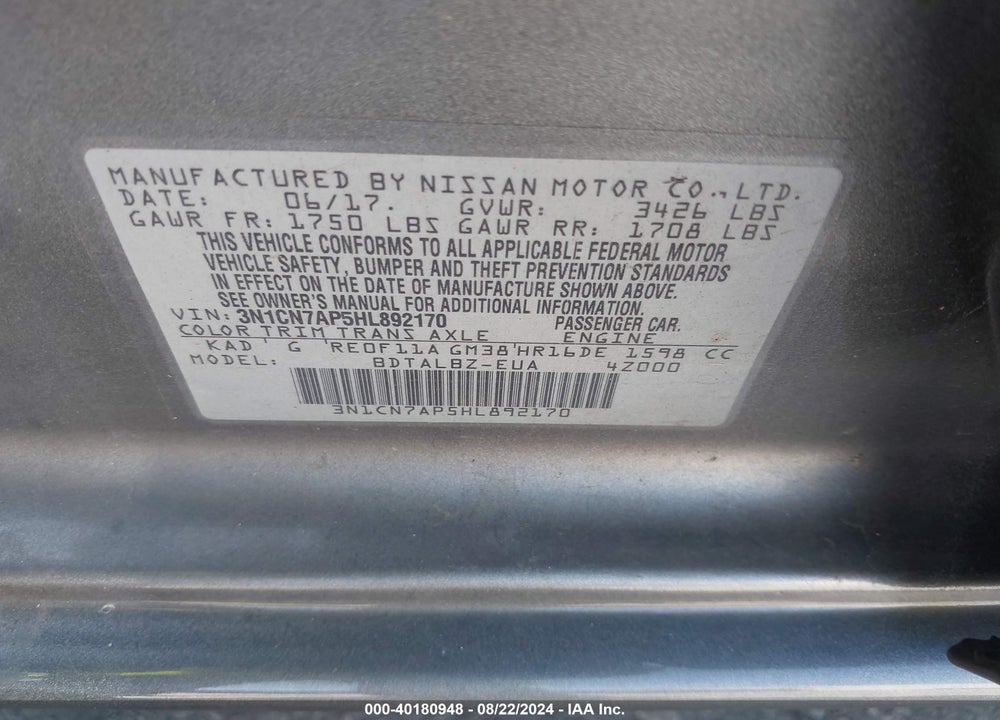 2017 NISSAN VERSA 1.6 SV VIN: 3N1CN7AP5HL892170