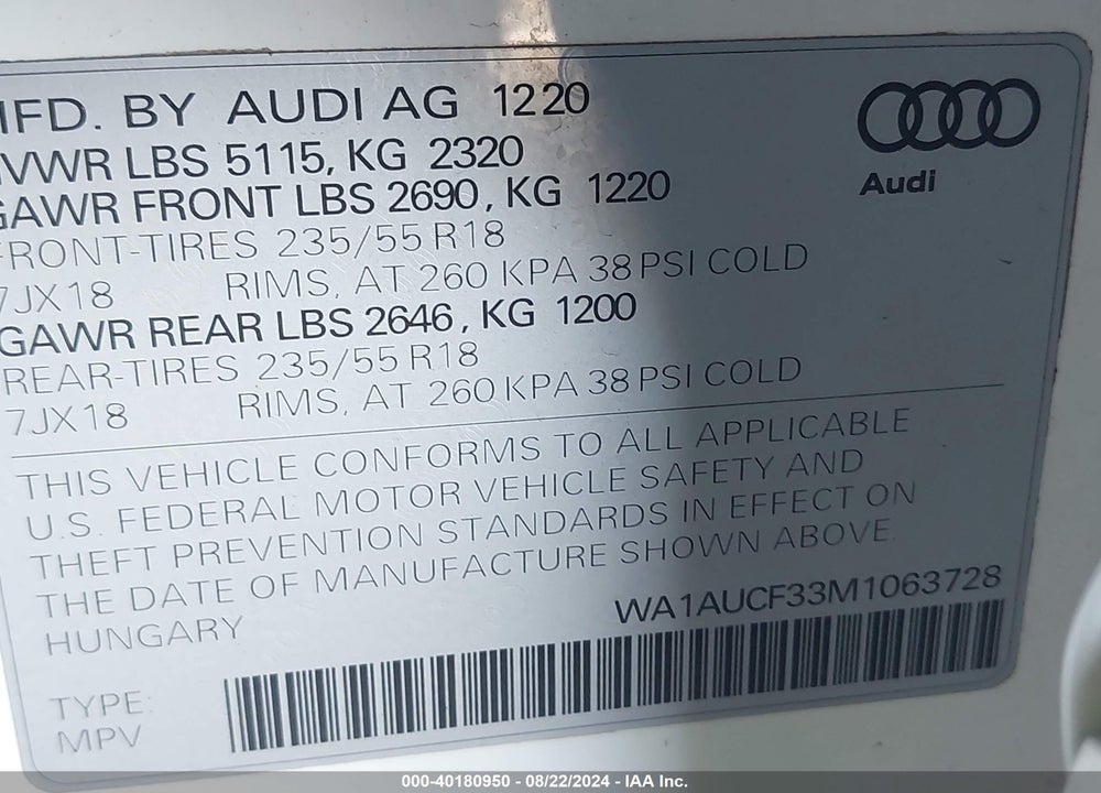 2021 AUDI Q3 PREMIUM 40 TFSI QUATTRO TIPTRONIC VIN: WA1AUCF33M1063728